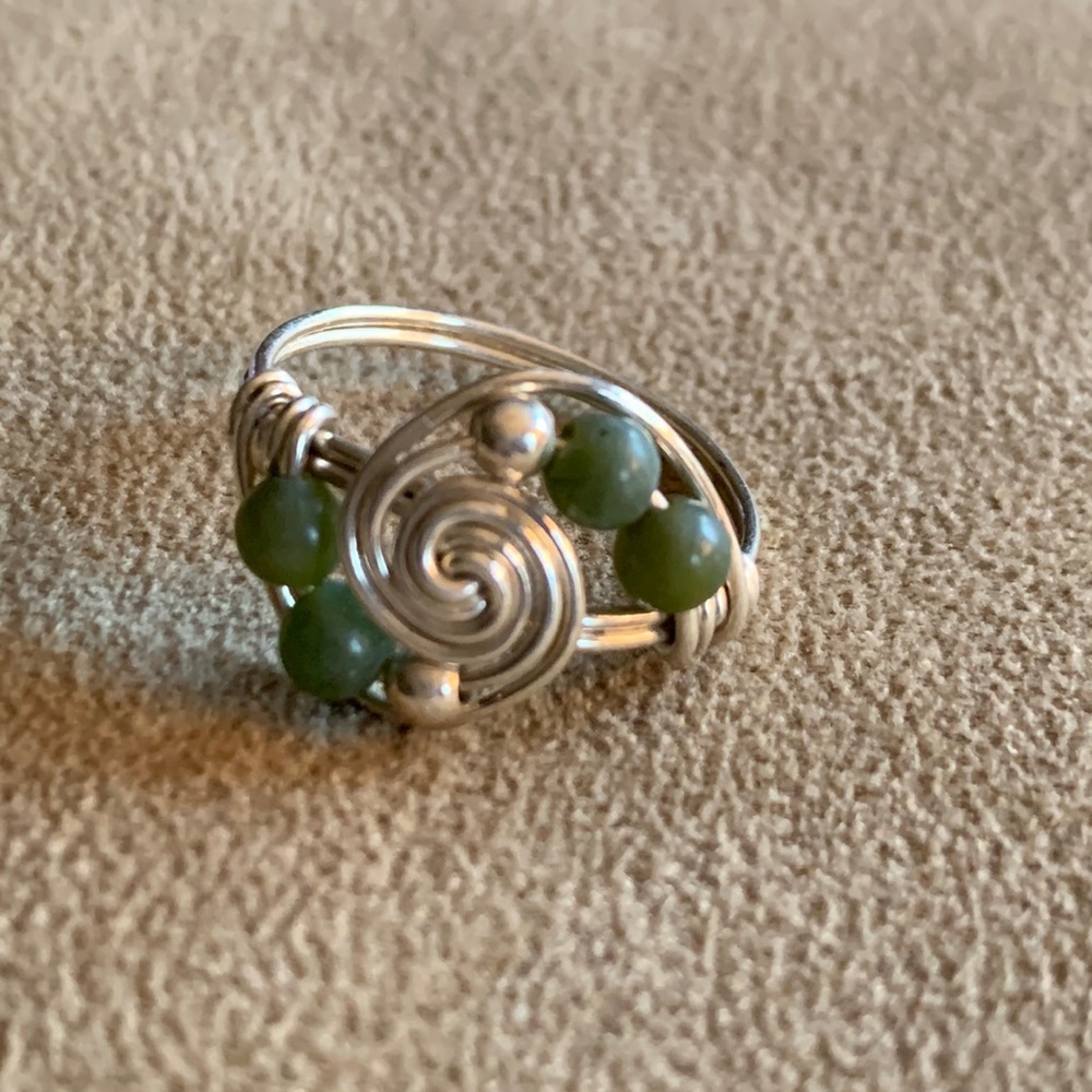 Green Glass Bead and Sterling Silver Wire Ring